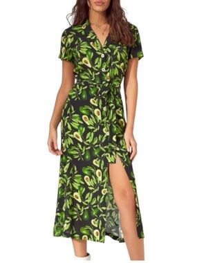 Avocado Print Button Front Midi Dress NWT | XXS